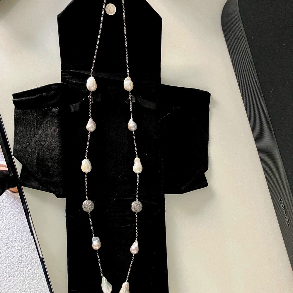 Baroque Pearl and Silver Diamond Pave Necklace